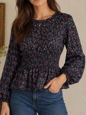 J.Crew Chiffon shirred-waist top Liberty Tana Lawn floral, Strawberry, Size 8